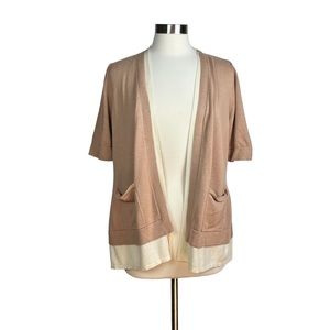Isaac Mizrahi Live Tan and Cream Open Cardigan Sweater with Pockets